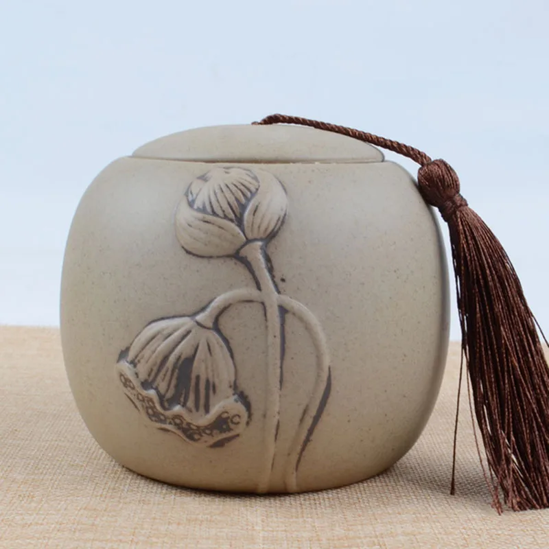 

Грубая керамическая чайная коробка с узором лотоса, декоративная чайная канистра, герметичная банка для хранения чая, кухонная чайная посуда