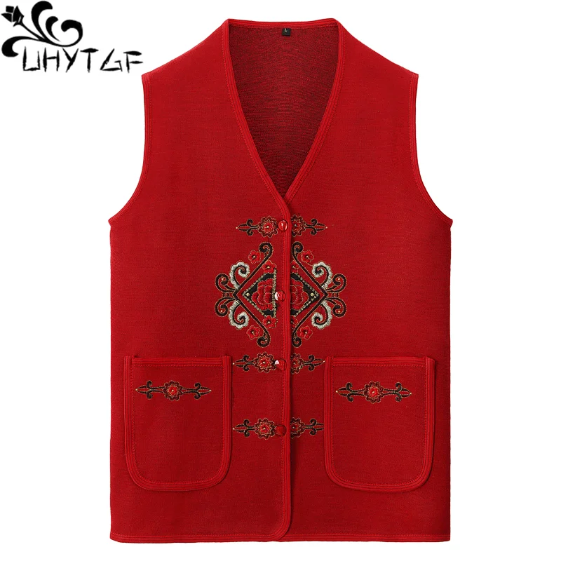 

UHYTGF Knitted Cardigan Women Middle-Aged Elderly Spring Autumn Sweater Vests Jacket Female Single-Breasted Thin Waistcoat 1224