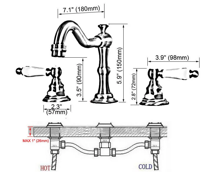 Imagem -03 - Prata Polido Latão Cromado Deck Montado Torneira da Bacia do Banheiro Generalizada Vanity Sink Toque Mixer Três Furos Duas Alças Anf540