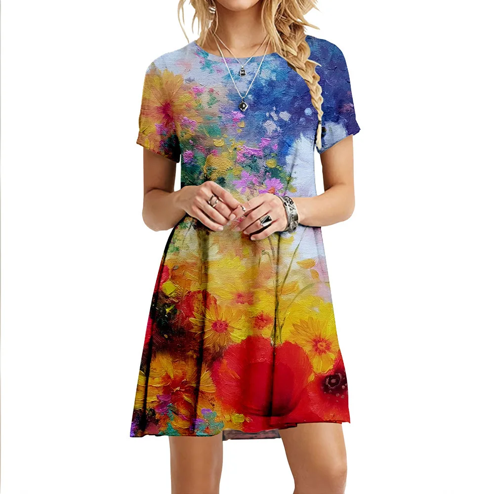 Summer Dresses for Women Elegant O-neck Floral Print Dress Casual  Loose Oversize Robe Short Sleeve Party Women Clothing Femm