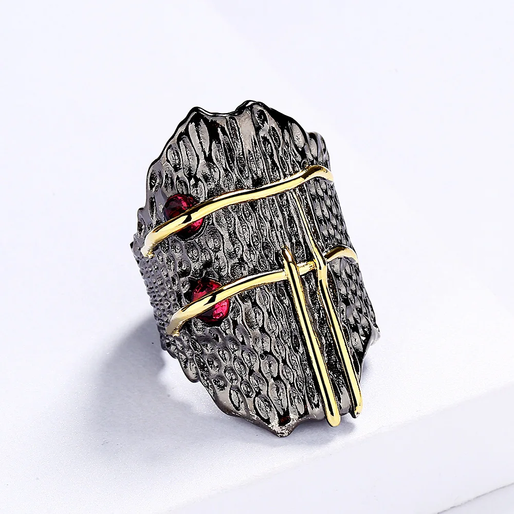 Geometric vintage red zircon interwoven black gold ring 925 silver exquisite vintage ring ladies party cocktail party jewelry