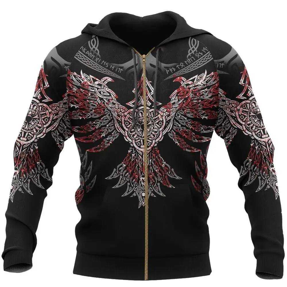 Tattoo Pullover Hoodie Raven Of Odin 3D Printed Mens Zip Up Hoodie Harajuku Streetwear Unisex Casual Jacket Tracksuits KJ0140