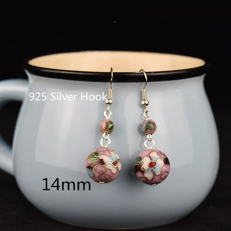 Handmade Polished Cloisonne Filigree 14mm Beaded Charm Earrings Enamel Eardrop Jewelry 925 Silver Ear Hook Dangle Accessories