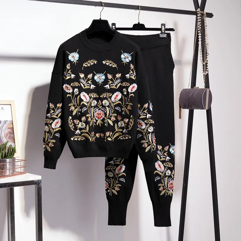 Tracksuit Knitting Outfits Women Handwork Embroidery Flowers Sweater Pencil Pants Two Piece Set Loose Casual Knitted Suit Female