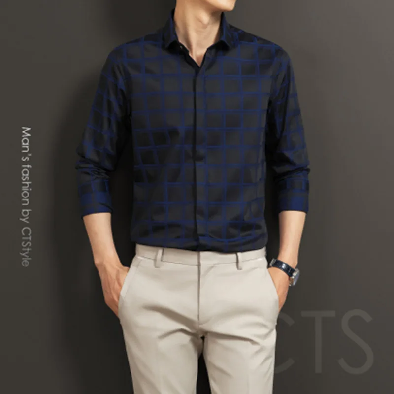 

Spring and autumn men's plaid long-sleeved shirt business casual Slim shirt free ironing dress cotton black and white tide men's