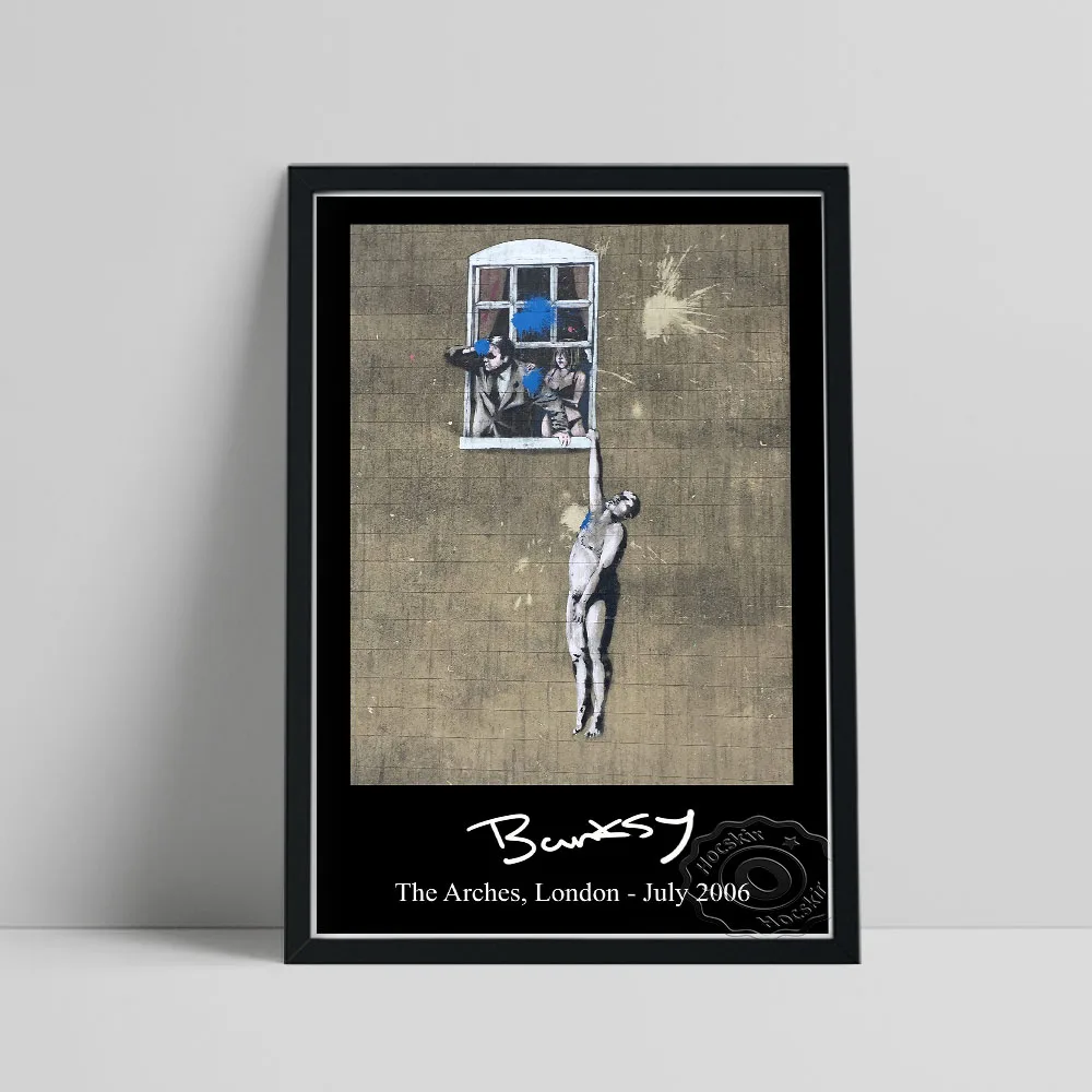 Banksy Well Hung Lover Poster, Naked Man Hanging From Window Wall Painting, Stree Wall Art, Black Humor Graffiti Wall Stickers
