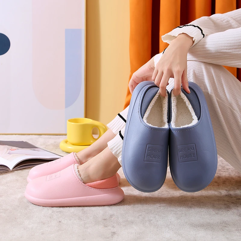 Waterproof Cotton Slippers Couples Bag Heel Winter Non-Slip Home Clog Shoes Indoor Keep Warm Thick Bottom Plush Women\'s Fur Side