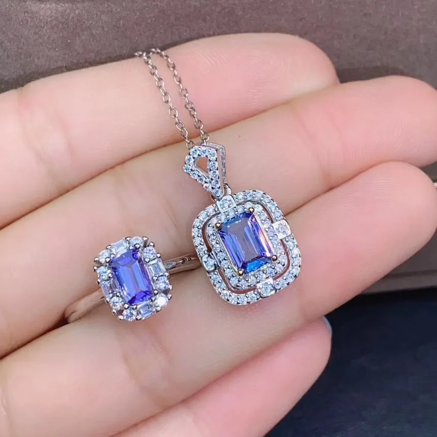 Engagement Best Gift Real Natural Tanzanite jewelry set Natural Real Tanzanite 925 sterling silver 1pc pendant,1pc ring