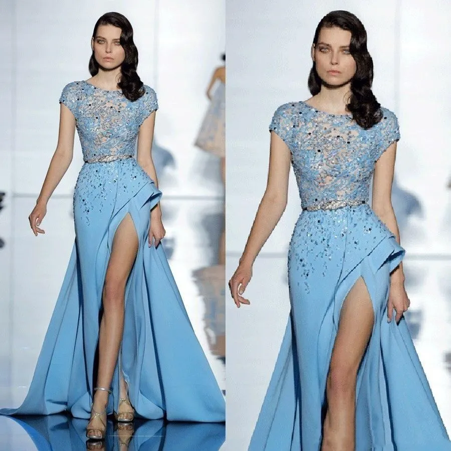 Customized Formal Sky Blue Elie Saab Evening Gown Short Sleeve Beaded Lace Thigh High Slit Celebrity Ball Gown Special Occasion