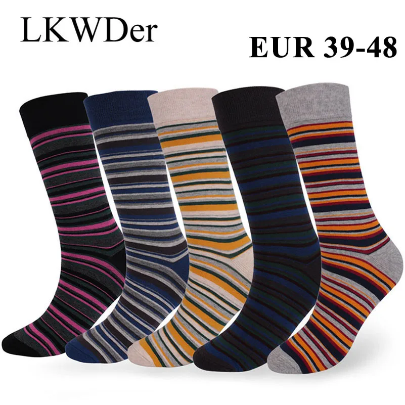 LKWDer 5 Pairs Mens Socks Big Large Size 46,47,48 Autumn Winter Thick Odor-proof Male Socks Casual Stripe Middle Long Tube Socks