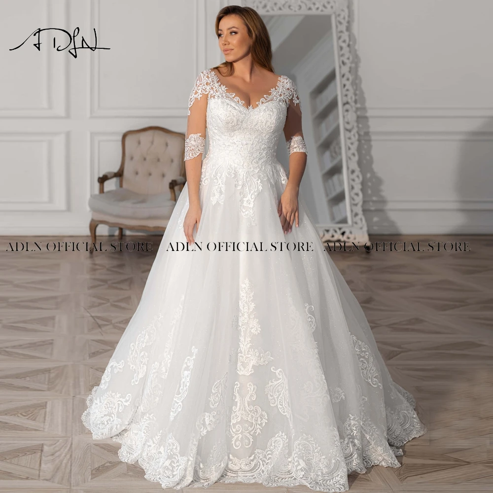 ADLN Modest Plus Size Wedding Gown Customized V-neck Half Sleeves Sweep Train Ball Gown Bridal Gown 2022 abito da sposa