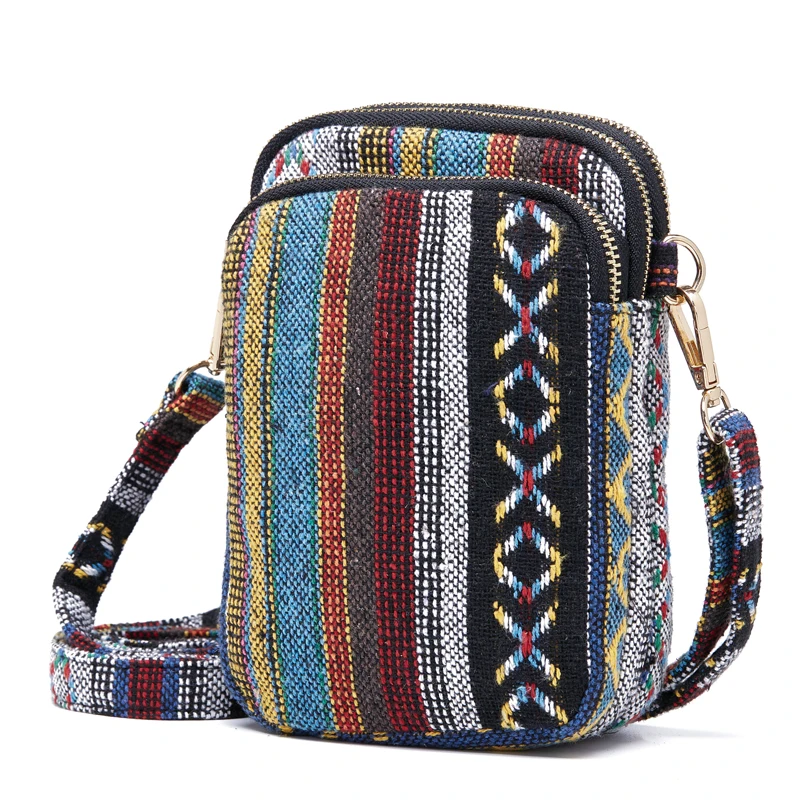 Annmouler Fashion Messenger Bag Mini Shoulder Bag Mobile Phone Pouch Bohemian Style Phone Case Fabric Adjust Shoulder Purse