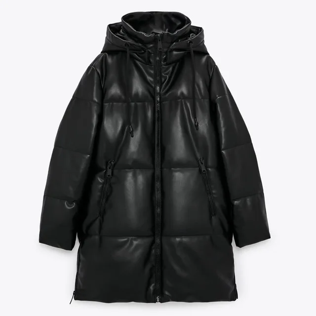 Winter Hooded Padded PU parka women Faux leather down jacket female loose zipper overcoat casual warm long coats