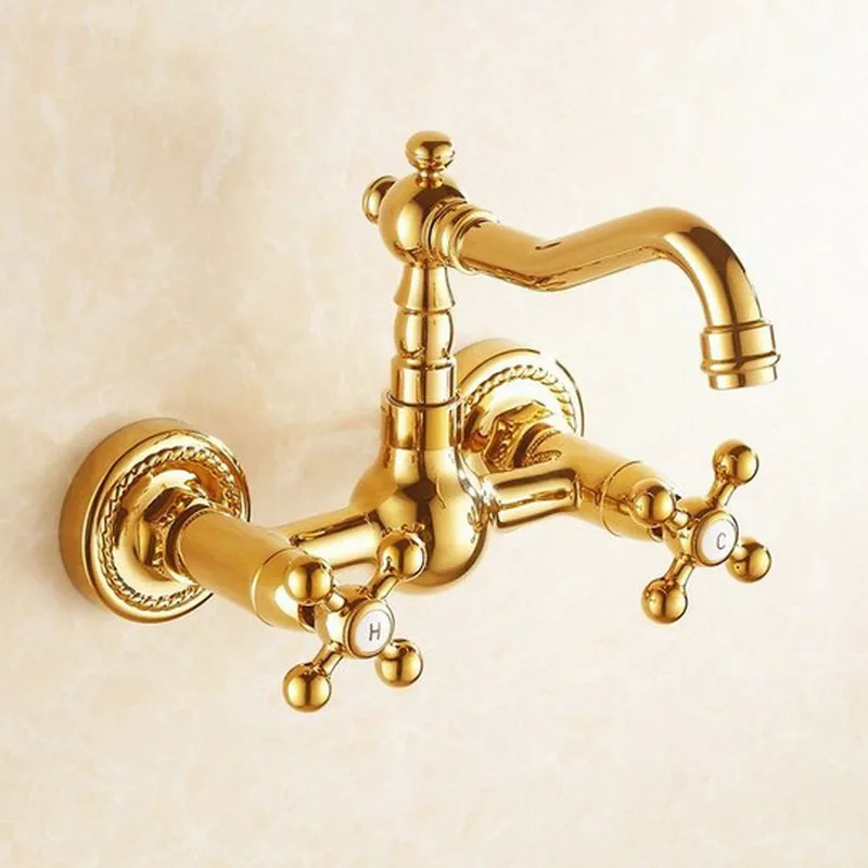 Luxus Gold Farbe Messing Wand Montiert Schwenk Auslauf Badezimmer Badewanne Wasserhahn Heiß Kalt Mixer Wasserhähne Zwei Kreuz Griffen agf019