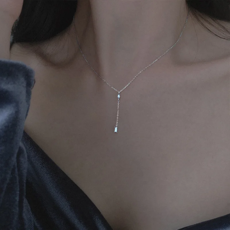 

Простое индивидуальное ожерелье из стерлингового серебра 925 пробы с кисточками, блестящий циркон, геометрический кулон, цепочка на ключицы, женский подарок на день рождения, ювелирные изделия