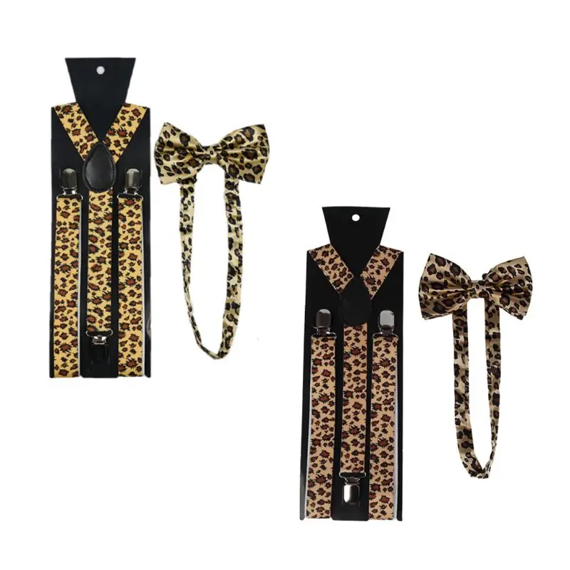 Men Women Suspender Bow Tie Set 2.5cm Wide Animal Leopard Print Adjustable 3 Clip-on Y-Back Elastic Belt Braces Bowtie