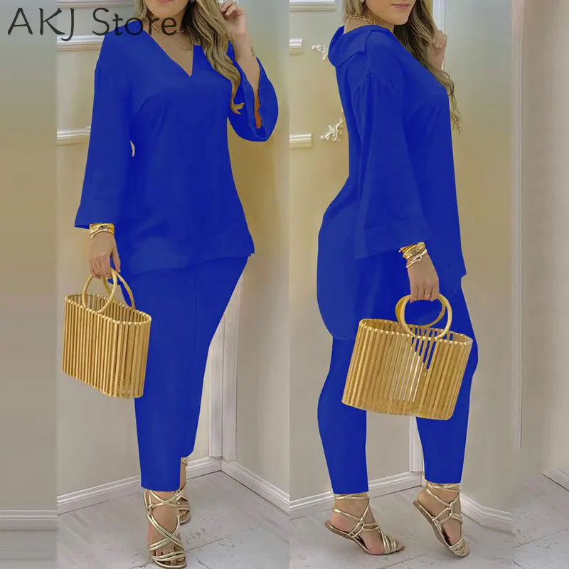 Summer Casaul Women Home Wear Solid Suit Sets Long Sleeve Plain Bell Sleeve V-Neck Top & Pants Set