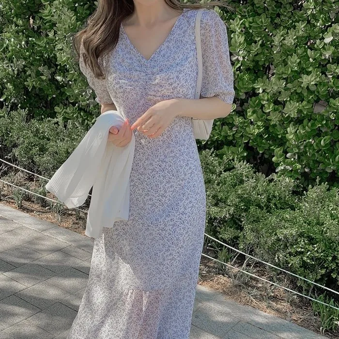 2021ใหม่พิมพ์ดอกไม้ฤดูร้อนชุดราตรียาว Vintage Dresses Oversize แขนสั้น Beach Robe Vestido พรหม