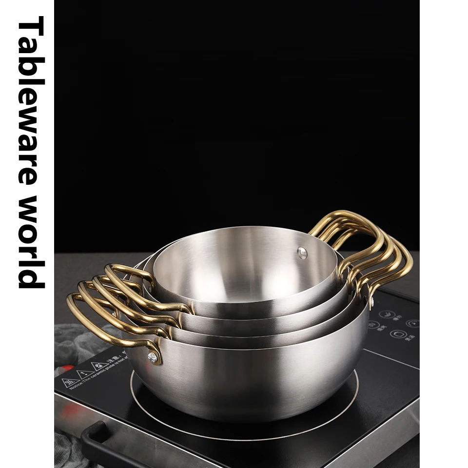 Korean Style Golden Stainless Steel Double Ear Pot Household Stew Soup Ramen Pot Creative Induction Cooker Instant Noodle Pot