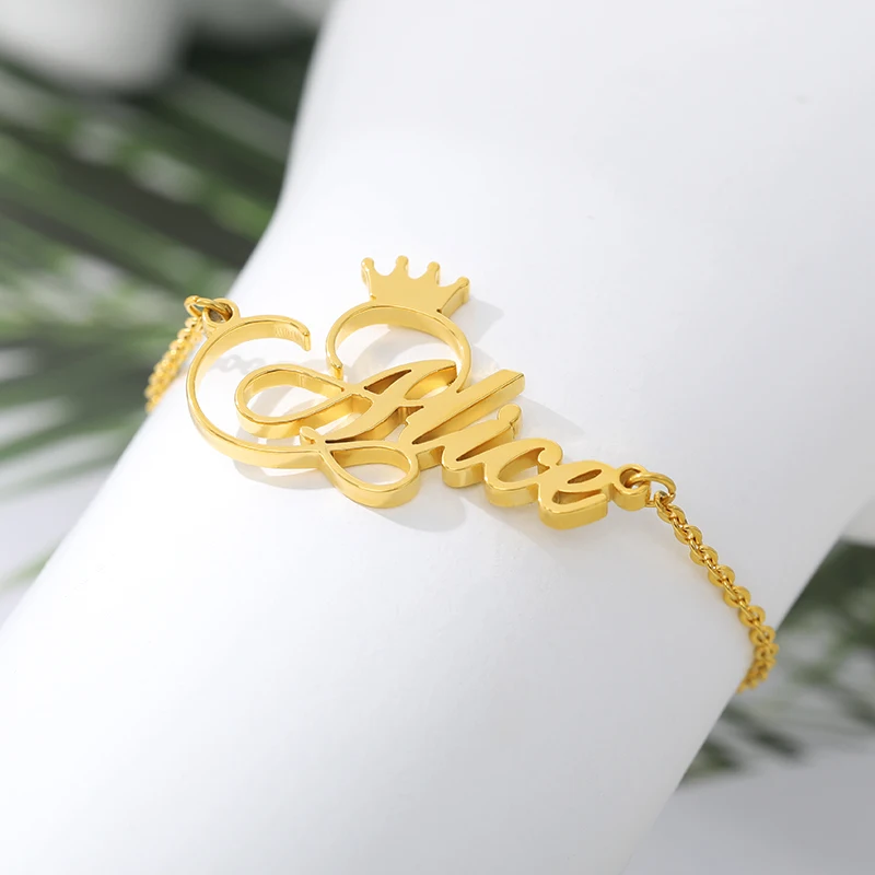 Pulsera con nombre de corona de estilo artístico personalizado, joyería con dijes, cadena de acero inoxidable, pulsera hecha a mano personalizada,