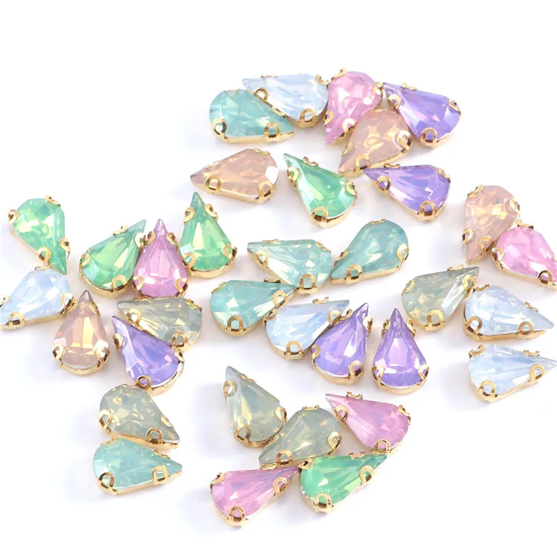 8x13mm Teardrop Opal Crystal Green Resin Sew On Rhinestones With Gold Claw Sewing Stones for Clothing  Shoes