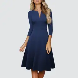 Women Brief Elegant Solid Color 3/4 Sleeve Notch V Neck Slim Fitted A-Line Dress HA289