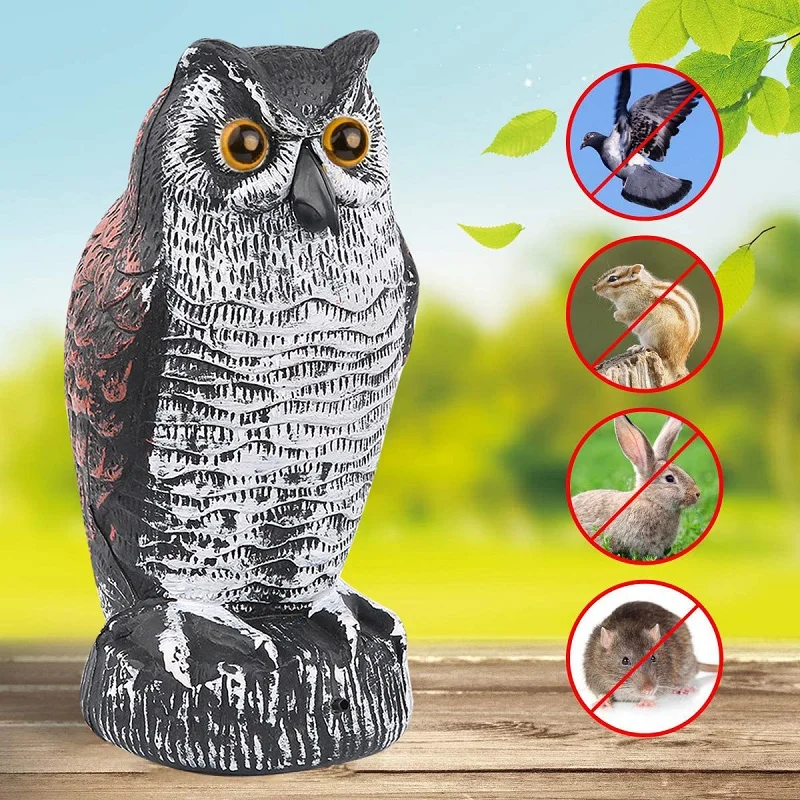 

Outdoor Owl Decoy Bird Repellent Pest Control with Flashing Eyes Frightening Sounds Garden Scarecrow Protector Decoration