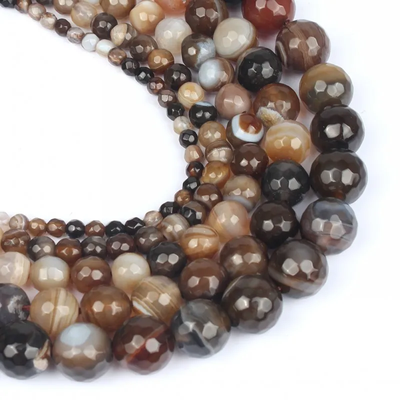 Natural Stone Faceted Coffee Striated Agates Loose Spacer Beads For DIY Jewelry Making Bracelet Accessories 15\'\' 4 6 8 10 12mm