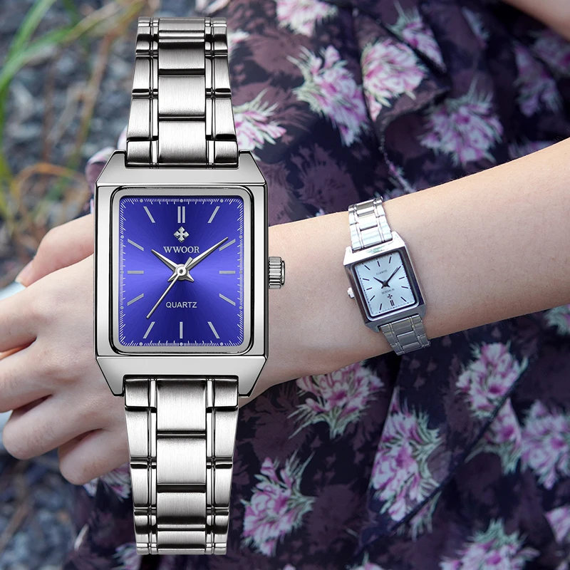 WWOOR Ladies bracelet Watches 2024 Blue Square Watch Womens Stainless Steel Waterproof Elegant Quartz Wristwatches Relojes Mujer