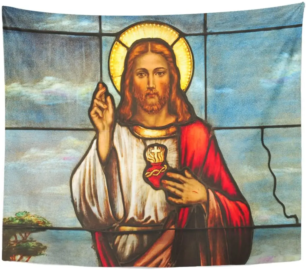 Tapestry Christ Stained Glass Window Depicting Sacred Heart of Jesus Tapestries Wall Hanging for Living Room Bedroom Dorm