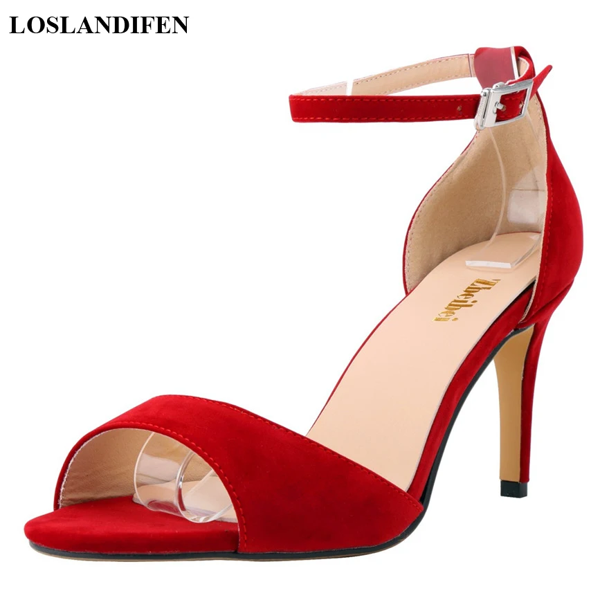 2024 New Brand Women Sandals Summer Peep Toe Sexy High Heels Buckle Black Red Yellow Flock Dress Party Wedding Shoes Woman Pumps