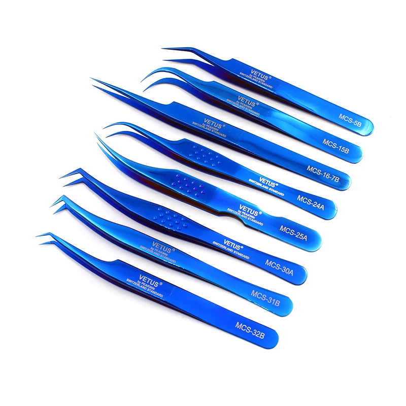 Stainless Steel Lash Tweezers For Volume Eyelash Extension Blue VETUS Tweezers High Precision Anti-static Beauty Makeup Tool