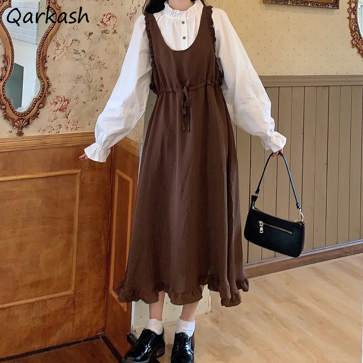 Sleeveless Dress Women French Style Edible Tree Fungus Suspenders Midi Dresses Girls Kawaii Fashion Belt Defined Waist Vestidos