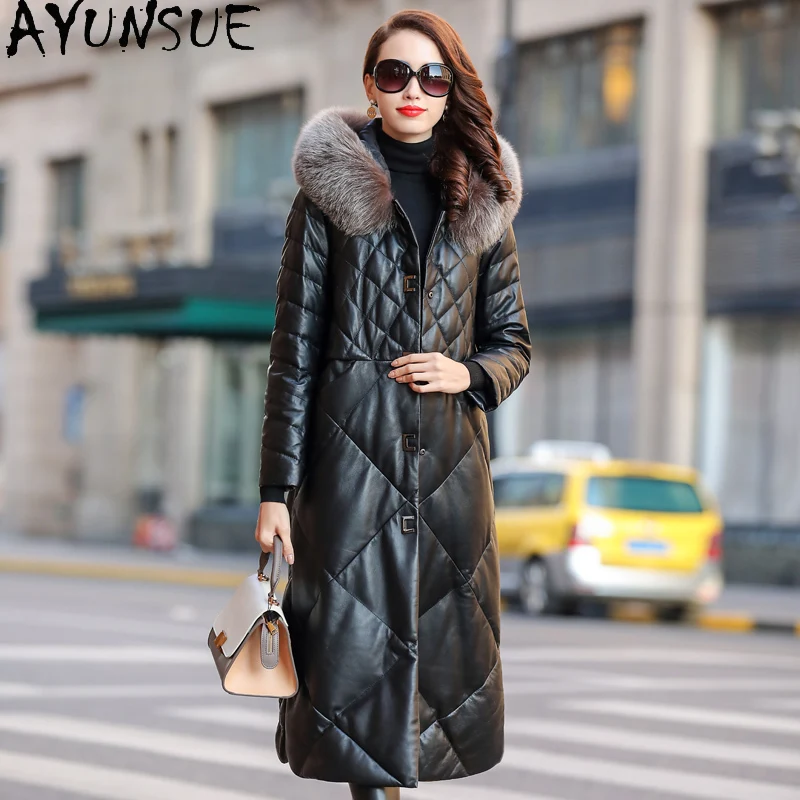 Ayune-Chaqueta de piel auténtica para Mujer, abrigo largo de piel de oveja con cuello de piel de zorro, invierno, 8, 2020