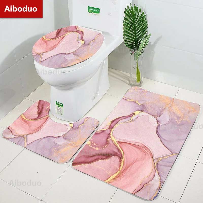 Aiboduo 3pcs/set Marble Pattern Pink Cute Toilet Lid Cover Set Carpet BathMat NonSlip Home Decoration Restroom Rug Drop Shipping