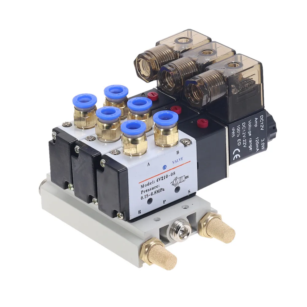 

1pcs 3Way 4V210-08 Pneumatic DC12V DC24V AC110 AC220 Triple Solenoid Valve w Base Push In Connectors Silencer 1/4"