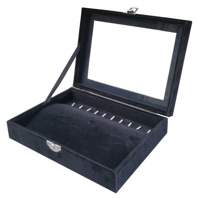 Joyero negro con cubierta de franela, caja pequeña arqueada para guardar y collares pulseras