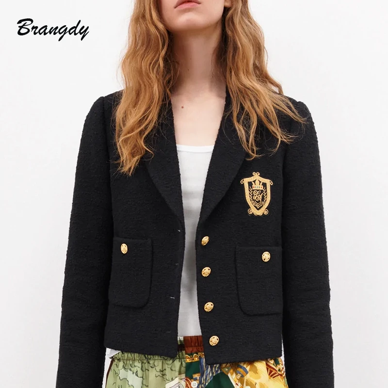 Zar Women\'s Blazers Black Jackets Pockets Coats Traf Cropped Long Sleeves Pocket Office Formal Ladies Outfit Embroidery Outwear