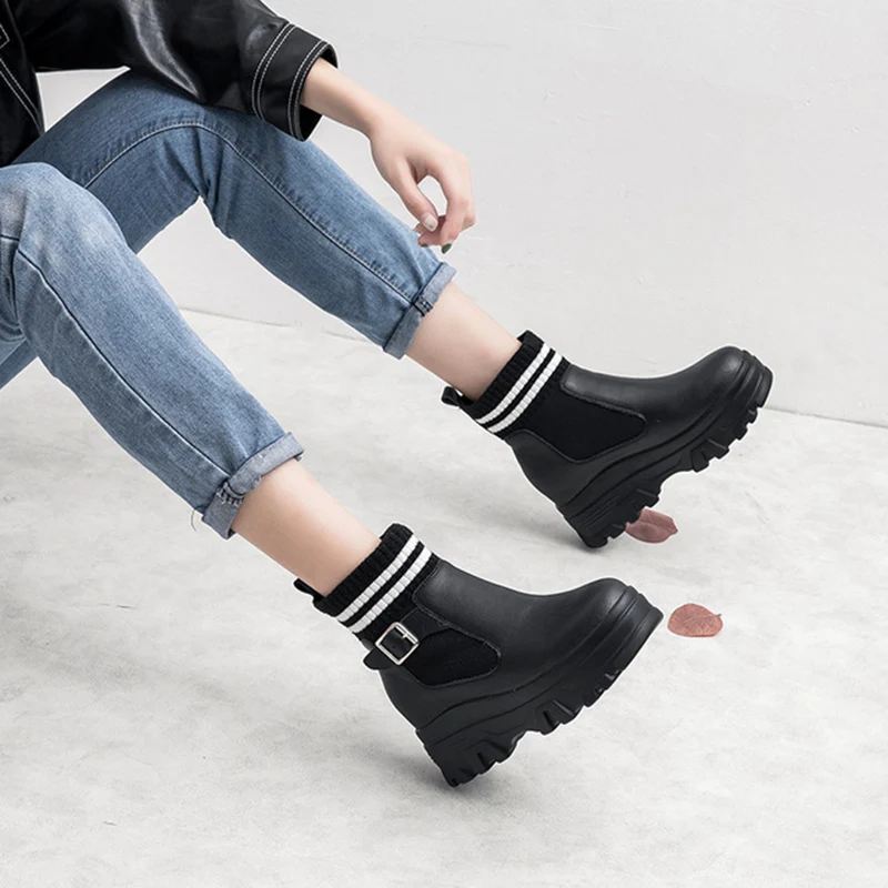 

Women Leather Ankle Boots Autumn Shoes Woman 2019 Fashion Buckle Hidden Heel Boots For Women Platform Winter Shoes Female Boot