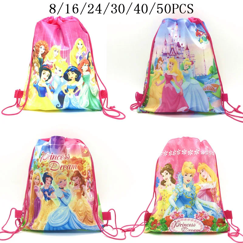 8/16/24/50PCS Six Princess Snow White Disney Drawstring Bags Travel Pouch Belle Cute Bag Cinderella School Backpack Portable