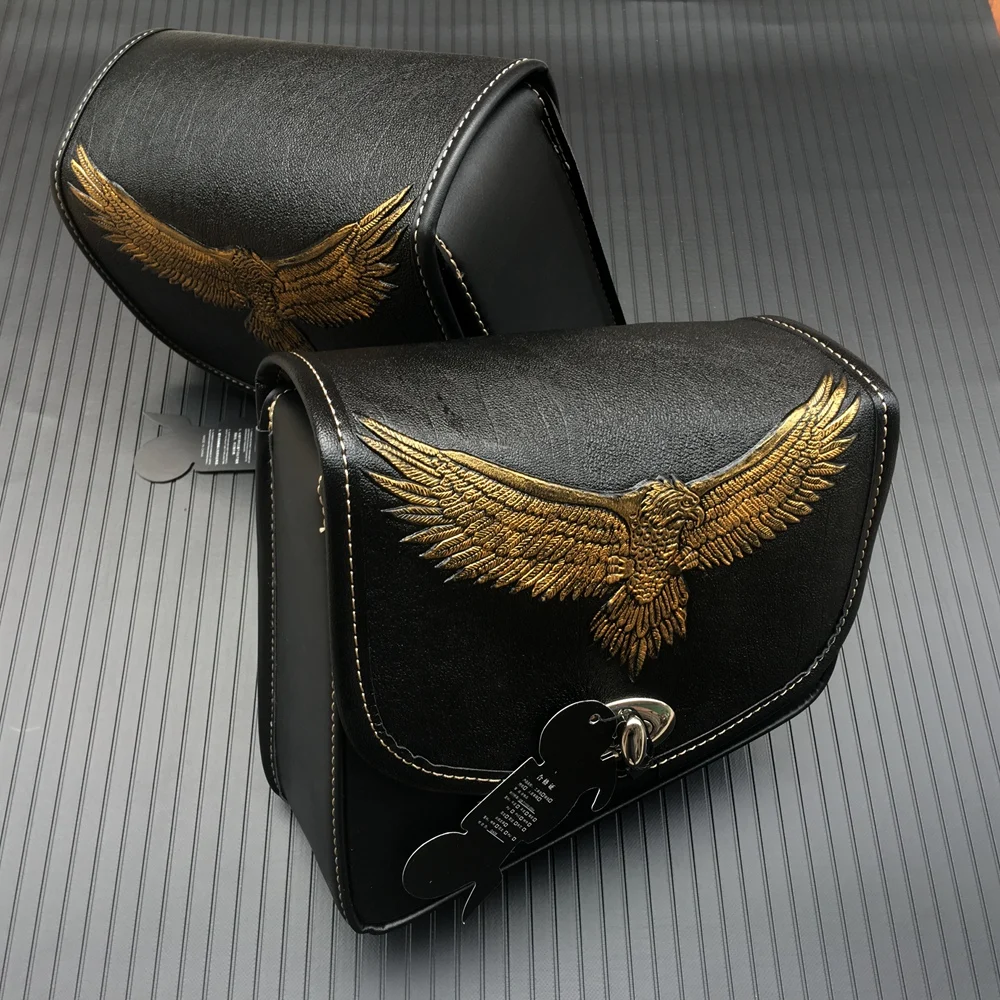 For Honda Yamaha Suzuki Harley Sportster XL 883 Black PU Leather Saddle Bag Motorcycle Luggage Eagle Left Right Side Saddle Bag