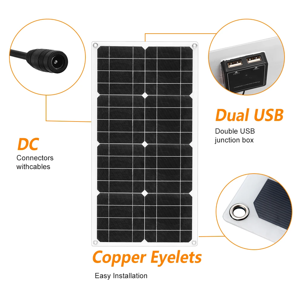 18V 50W Monocrystaline Solar Panel Dual USB DC Output Port 12V 5V Solar Battery Charger Kit With 10A Solar Controller & Cables