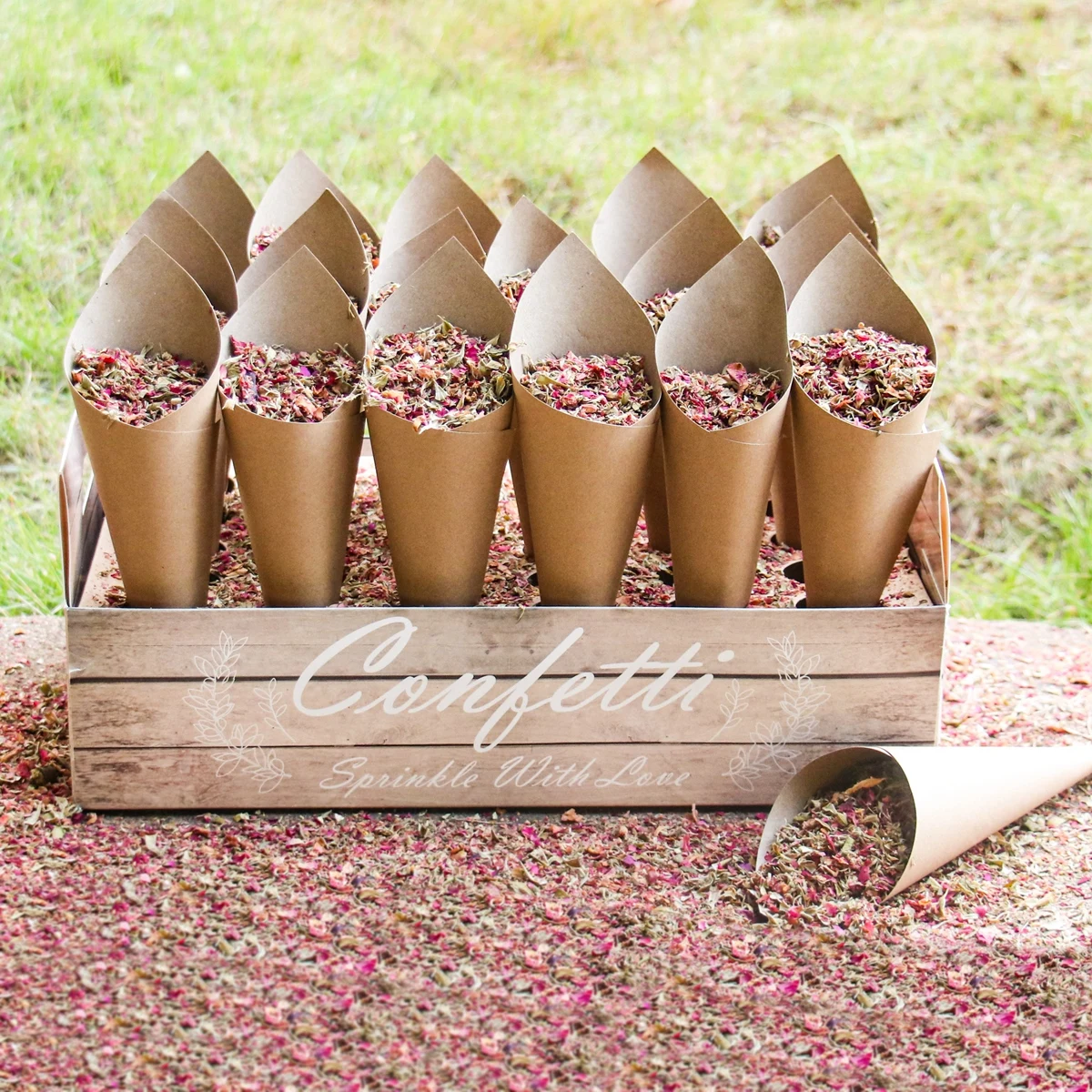 Wood Grain Wedding Paper Cone Rustic Wedding Confetti Cones Holder Support For Wedding Decoration Kraft Paper Wedding Tray