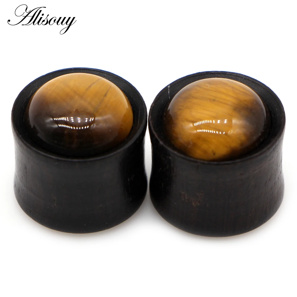 Alisouy 2pcs Inlay Stone Wood Retro Ear Tunnel Plug Flesh Gauges Earrings Double Flared Expender Stretcher Body Piercing Jewelry
