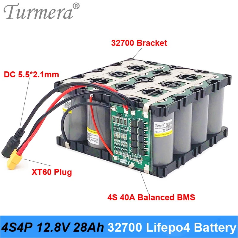 4S4P 12.8V 28Ah Lifepo4 Battery Pack 32700 with 4S 40A Balanced BMS for Electric Boat and Uninterrupted Power Supply 12V Turmera