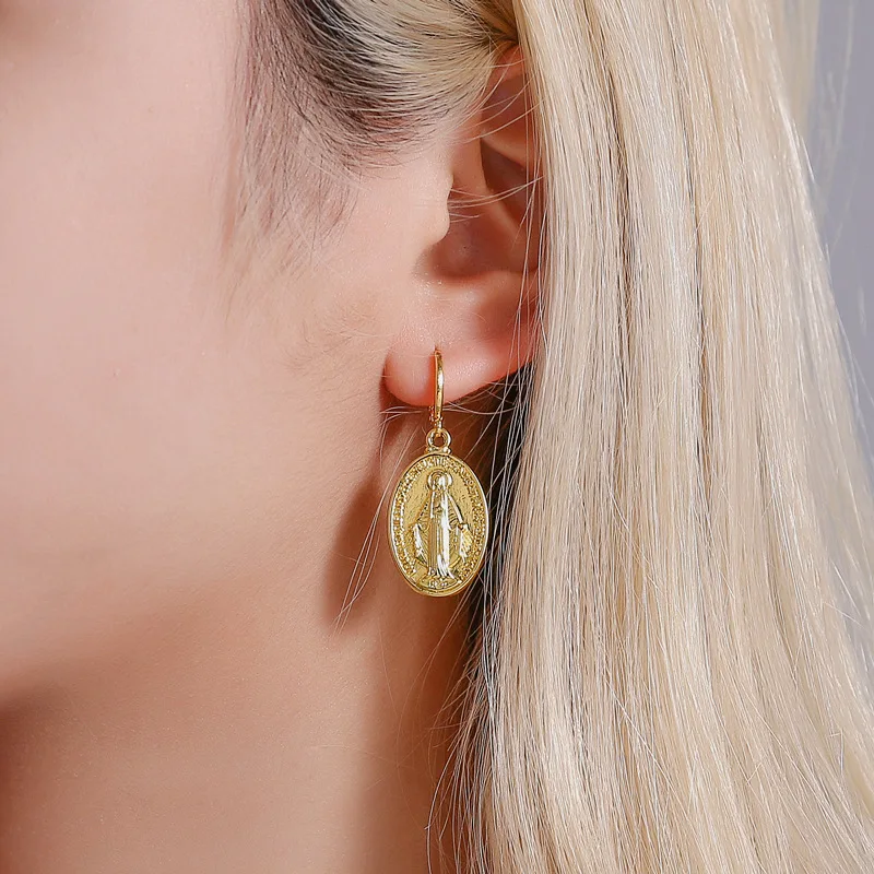 Gold Color Virgin Mary Charm Earrings for Women Geometric Oval Round Earrings Hanging the Madonna Lucky Earrings Jewelry