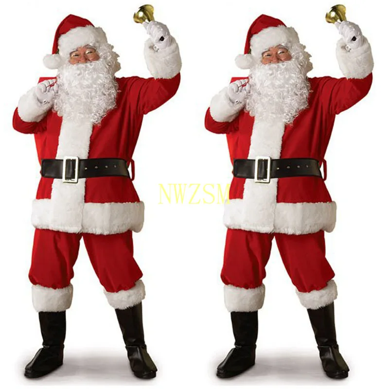 Conjunto de 5 piezas de traje de Navidad para adultos, traje de terciopelo de cuero para Cosplay, ropa de Papá Noel para fiesta de Navidad, accesorios para adultos