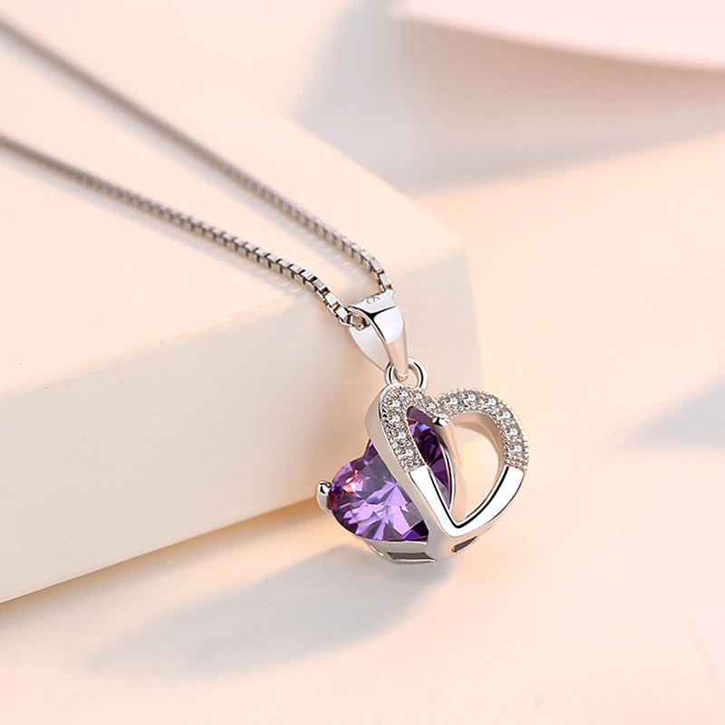 Hot Sale Fashion 925 Sterling Silver Double Heart Pendants Necklace Purple AAA Cubic Zirconia Drop Necklaces Women Jewelry Gift