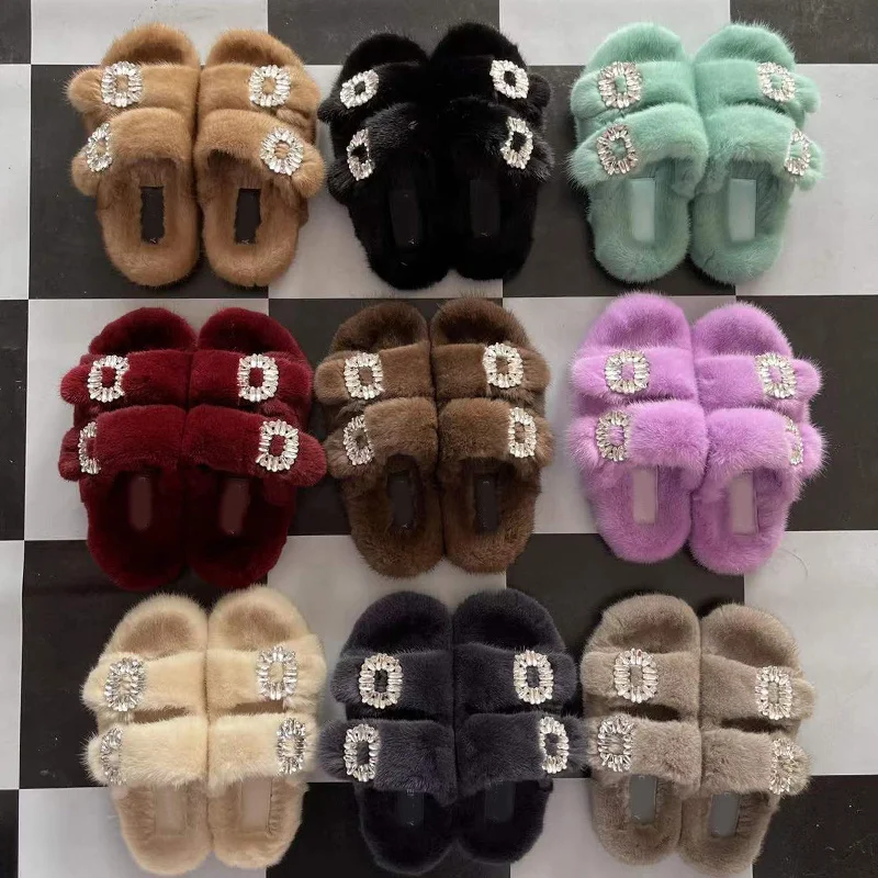 New Women\'s Rhinestone Slippers,Summer Sandals Womens Flats Slides Flip Flops Open Toe Fur Slippers For Women,Mink Fur Slippers