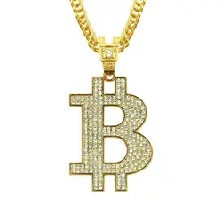 Hip Hop Rhinestones Paved Bling Iced Out Gold Silver Color  Bitcoin Pendants Necklace for Men Rapper Jewelry 30inch Cuban Chain